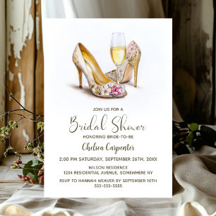 Invitación Champán y zapatos de tacón alto florales elegantes