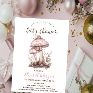 Invitación Champiñones Caracol Rayas Rosadas Baby Shower