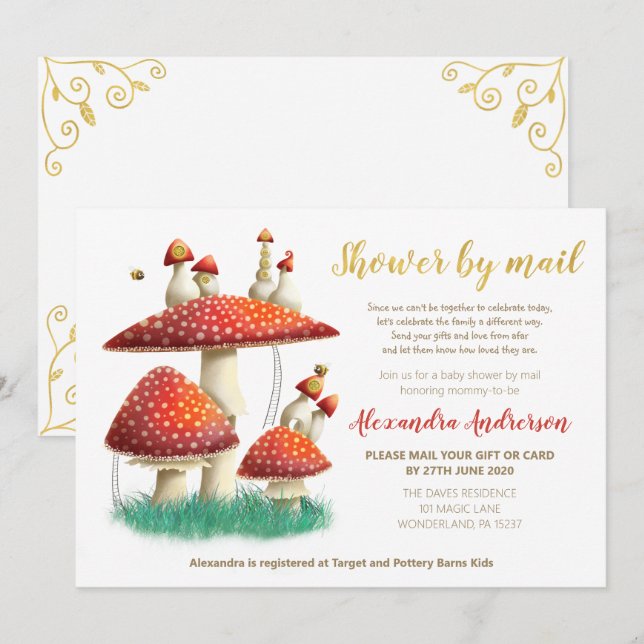 Invitación champiñones de Relieve metalizado dorado y abejas  (Anverso / Reverso)