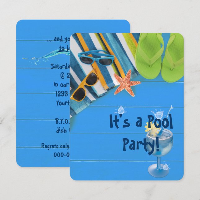 Invitación chanclas con toalla Fiesta de la piscina (Anverso / Reverso)