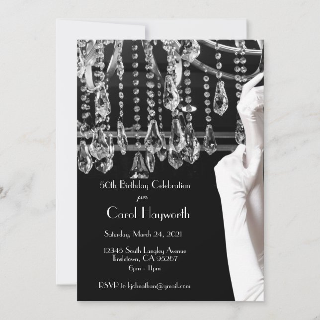 Invitación Chandelier 50th Birthday Celebration Black White (Anverso)