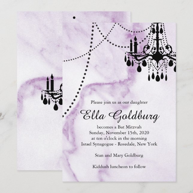 Invitación Chandelier Bat Mitzvah invita a la Mármol Púrpura (Anverso / Reverso)