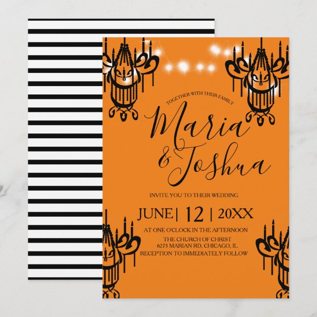 Invitación Chandelier Halloween Boda Naranja luz negra (Anverso / Reverso)