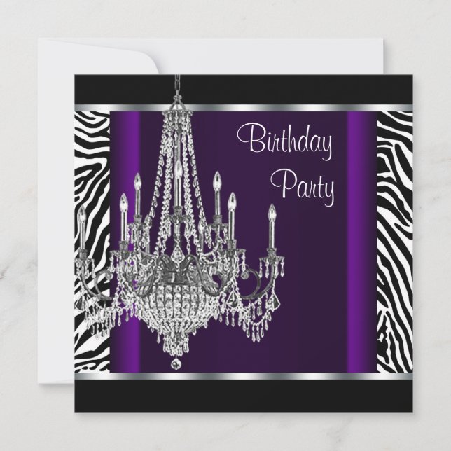 Invitación Chandelier Purple Zebra Birthday Party (Anverso)