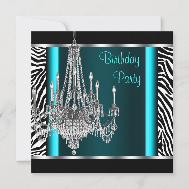 Invitación Chandelier Verde azulado Blue Zebra Birthday Party (Anverso)