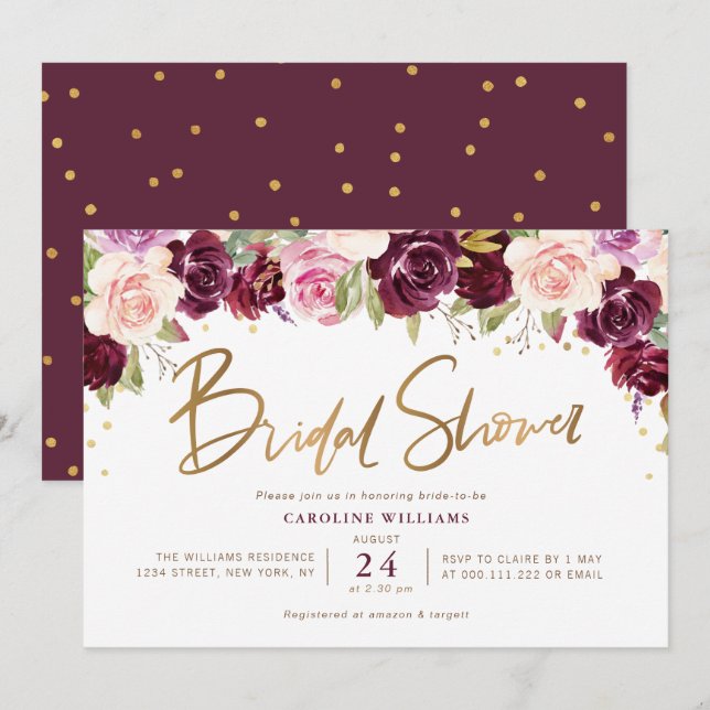 Invitación chapa púrpura y melocotón con ducha de novia flora (Anverso / Reverso)