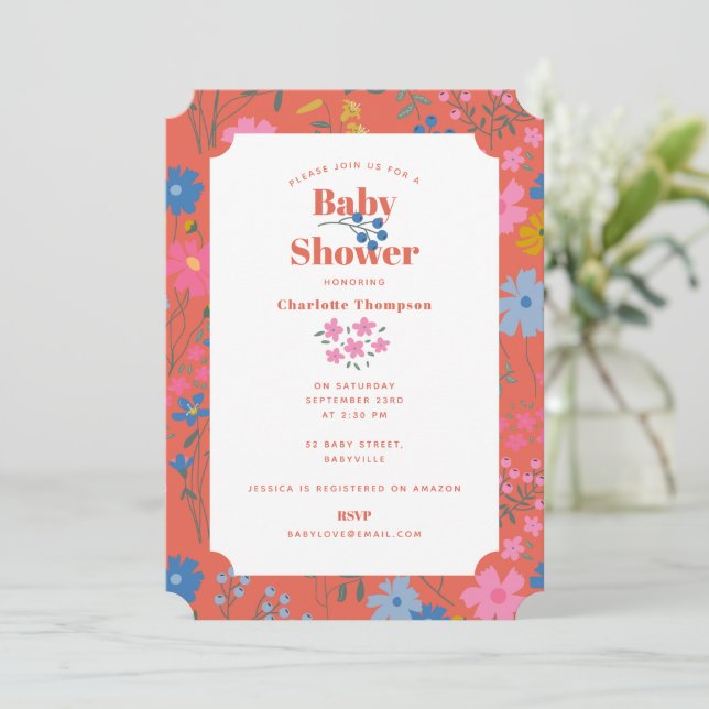 Invitación Chaparra de Bebé Estilo Boho Rojo Moderno con Flor (Anverso de pie)