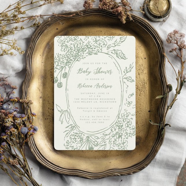 Invitación Chaparral Floral Caprichoso Verde Menta para Baby  (Subido por el creador)