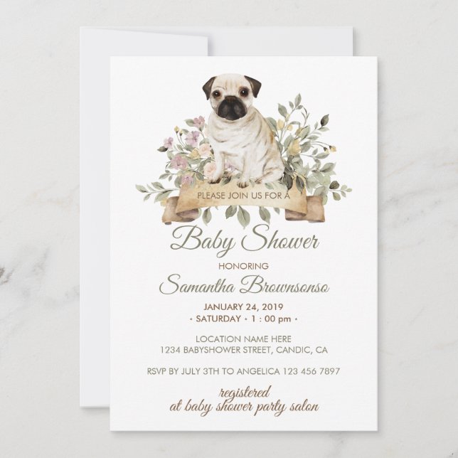 Invitación Chaparrito de Pug Baby Shower (Anverso)