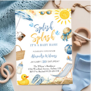 Invitación Chapoteo Splash Niño Azul Fiesta de Bienvenida al 