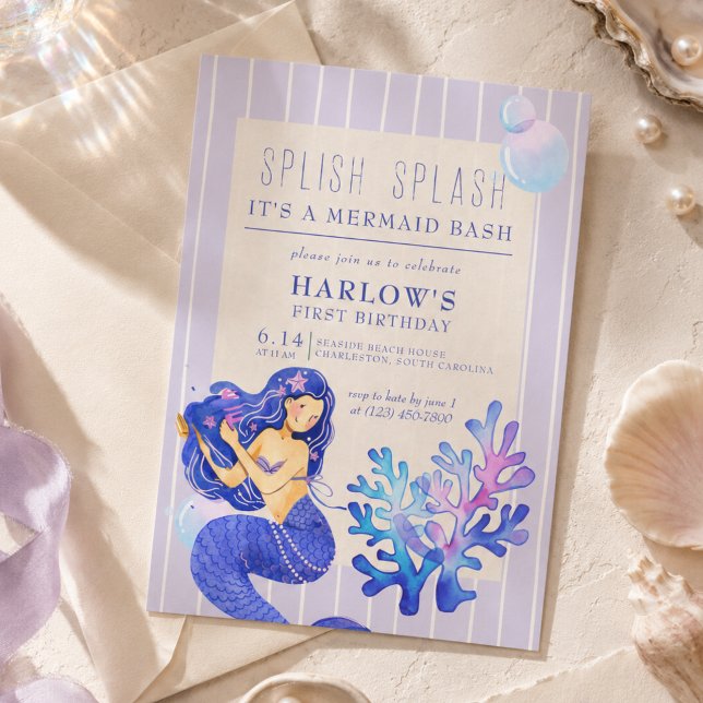 Invitación Chapoteo y Salpicadura Es una Fiesta de Sirena Cum (Splish Splash It’s a Mermaid Bash First Birthday Invitation)