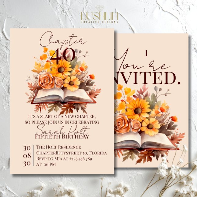 Invitación Chapter 40 Birthday – Open Book with Fall Flowers (Subido por el creador)