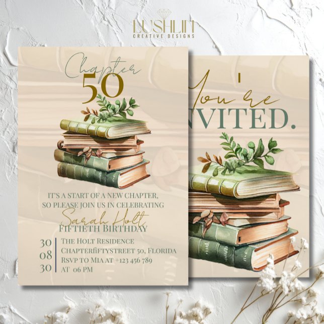 Invitación Chapter 50 Birthday | Stacked Books & Leaves  (Subido por el creador)
