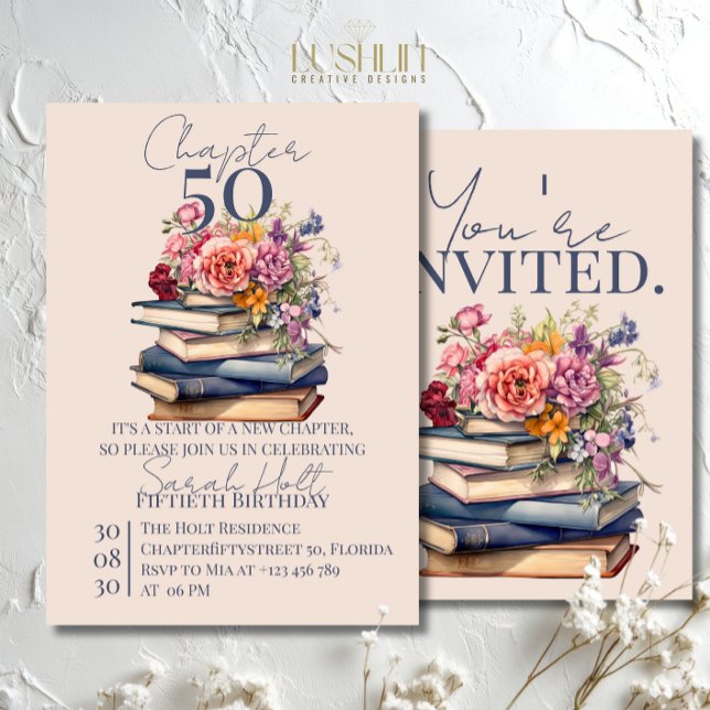 Invitación Chapter 50 Birthday Stacked Books with Flowers (Subido por el creador)