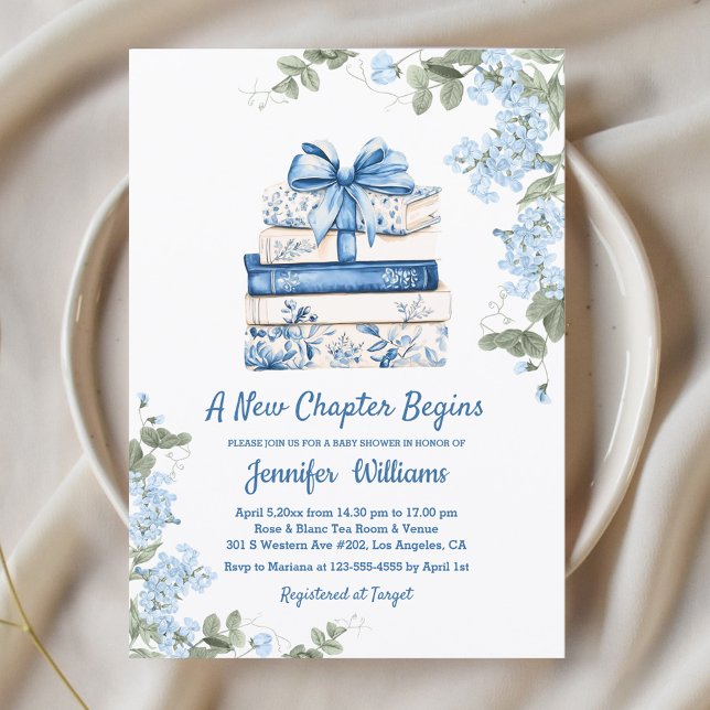 Invitación chapter begins, blue bow books floral baby shower  (Subido por el creador)