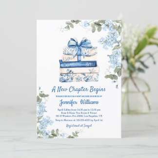 Invitación chapter begins, blue bow books floral baby shower 