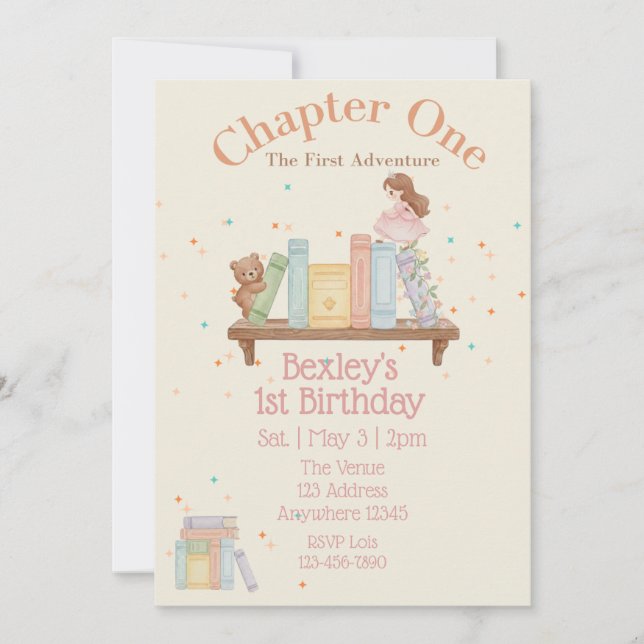 Invitación Chapter One, First Adventure, 1st Birthday Girl (Anverso)