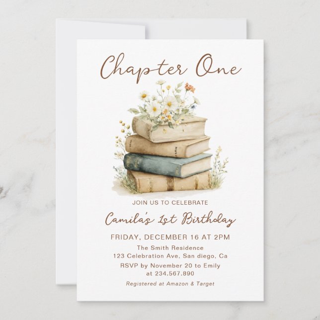 Invitación Chapter One Floral Books 1st Birthday Invitation (Anverso)