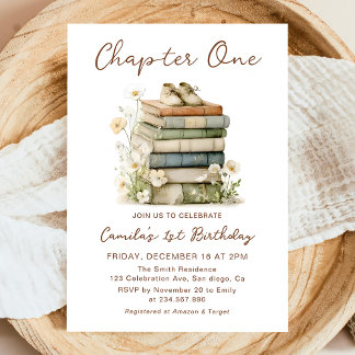 Invitación Chapter One Floral Books 1st Birthday Invitation
