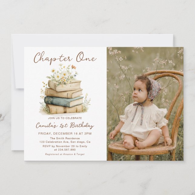 Invitación Chapter One Floral Books 1st Birthday Photo (Anverso)