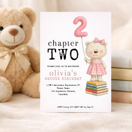 Invitación Chapter Two Teddy Bear Book Girl 2nd Birthday Pink