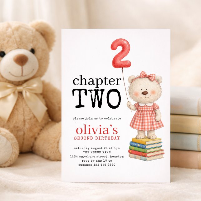 Invitación Chapter Two Teddy Bear Books Girl 2nd Birthday Red (Subido por el creador)