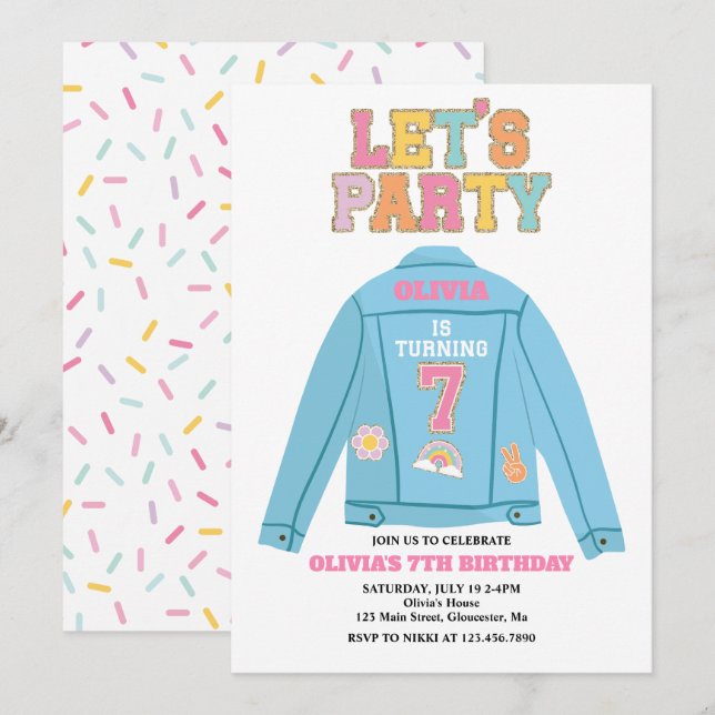 Invitación Chaqueta de jean de Parche Preppy 7 Cumpleaños (Anverso / Reverso)