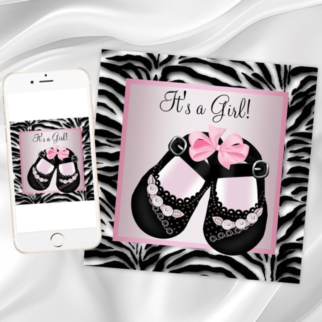 Invitación Chaqueta Negra Rosa Bebé Cumple Zebra Rosa (Girl zebra baby shower invitations with shoes. Instant download and printed invitations available.)