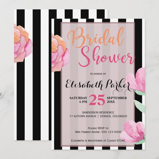 Invitación Chaqueta rosa floral raya blanca negra ducha de no (Anverso / Reverso)