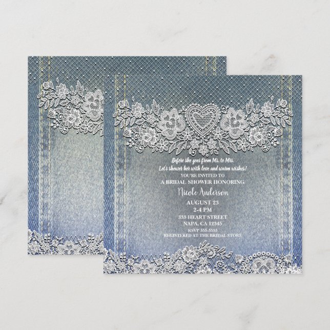 Invitación Chaqueta Vaquera Azul y Encaje Blanco con Corazón  (Anverso / Reverso)
