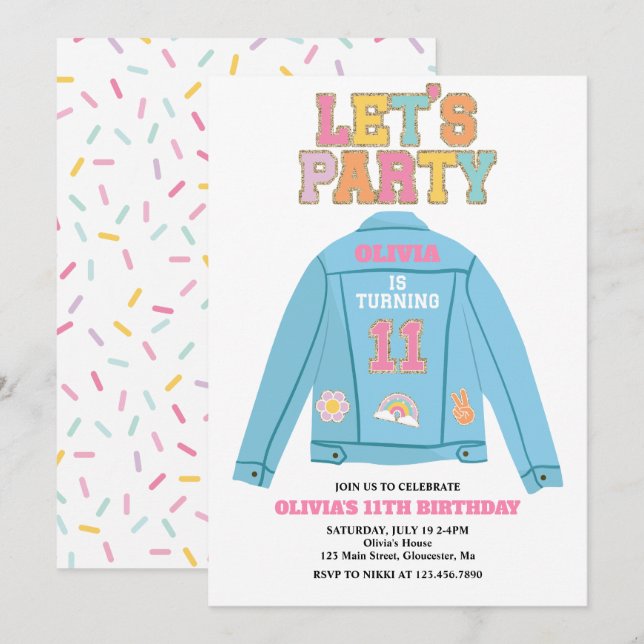 Invitación Chaqueta vaquera Preppy Patch cumpleaños 11 (Anverso / Reverso)