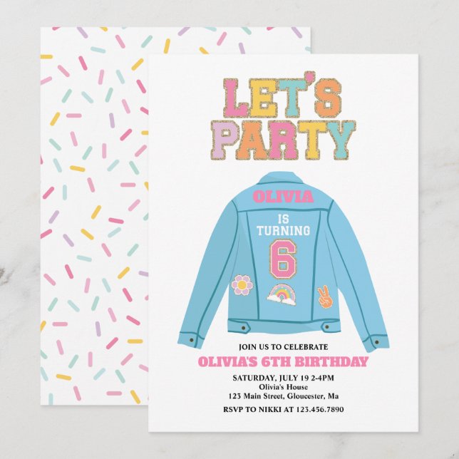 Invitación Chaqueta vaquera Preppy Patch cumpleaños 6 (Anverso / Reverso)