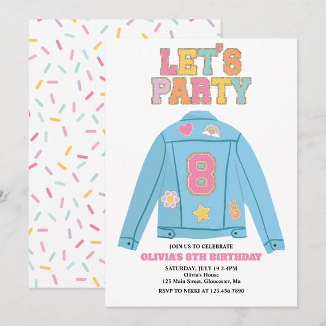 Invitación Chaqueta vaquera Preppy Patch cumpleaños 8 (Anverso / Reverso)