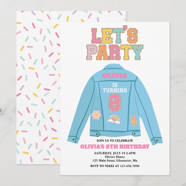 Invitación Chaqueta vaquera Preppy Patch cumpleaños 8 (Anverso / Reverso)
