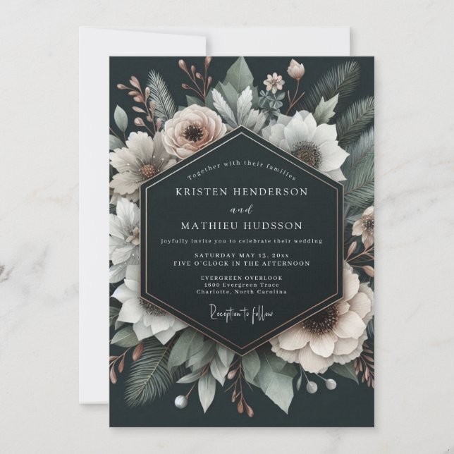 Invitación Charcoal Alabaster Flora Wedding (Anverso)