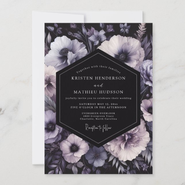 Invitación Charcoal Amethyst Bloom Wedding (Anverso)