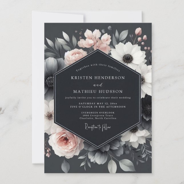 Invitación Charcoal Blush Blossom Elegance Wedding (Anverso)