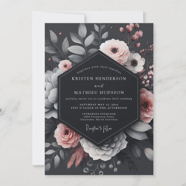 Invitación Charcoal Blush Floral Elegance Wedding (Anverso)
