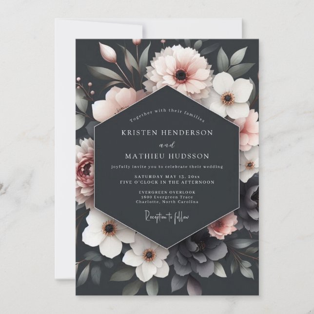 Invitación Charcoal Blush Floral Romance Wedding (Anverso)
