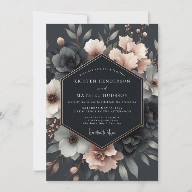 Invitación Charcoal Blush Vesperal Bloom Wedding (Anverso)