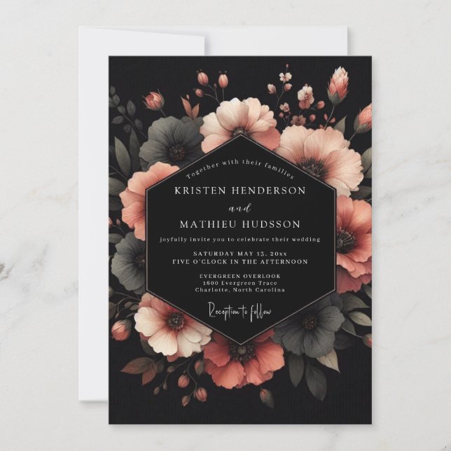 Invitación Charcoal Coral Bloom Wedding (Anverso)