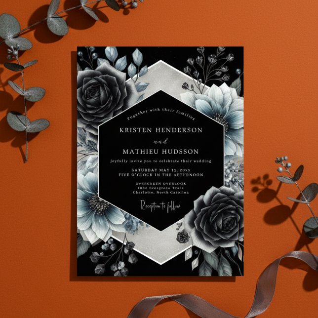 Invitación Charcoal Floral Gothic Romance Wedding (Subido por el creador)