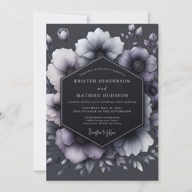 Invitación Charcoal Floral Moody Wedding (Anverso)
