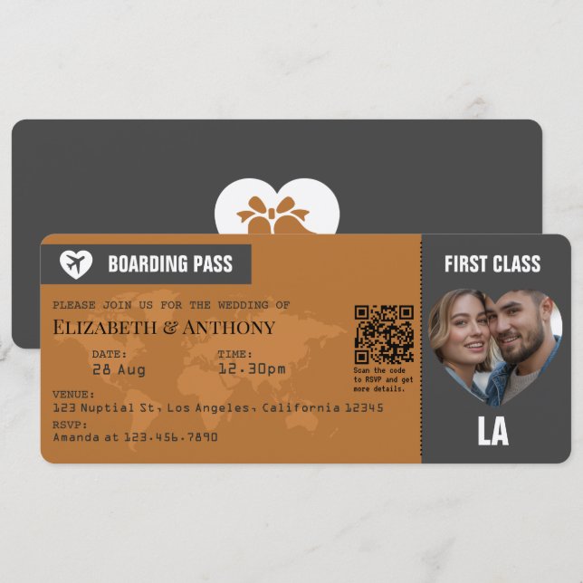 Invitación Charcoal Gray & Copper Boarding Pass Wedding (Anverso / Reverso)