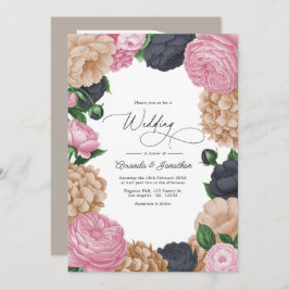 Invitación Charcoal, Light Taupe & Peony Pink Floral Wedding