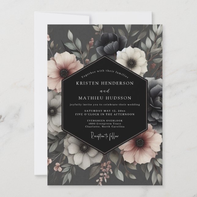 Invitación Charcoal Moody Anemone Wedding (Anverso)