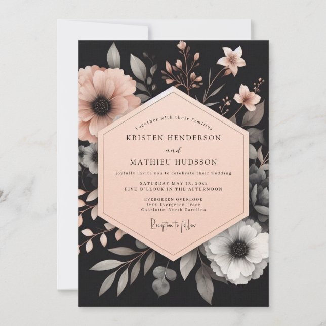 Invitación Charcoal Peach Luminous Bloom Wedding (Anverso)