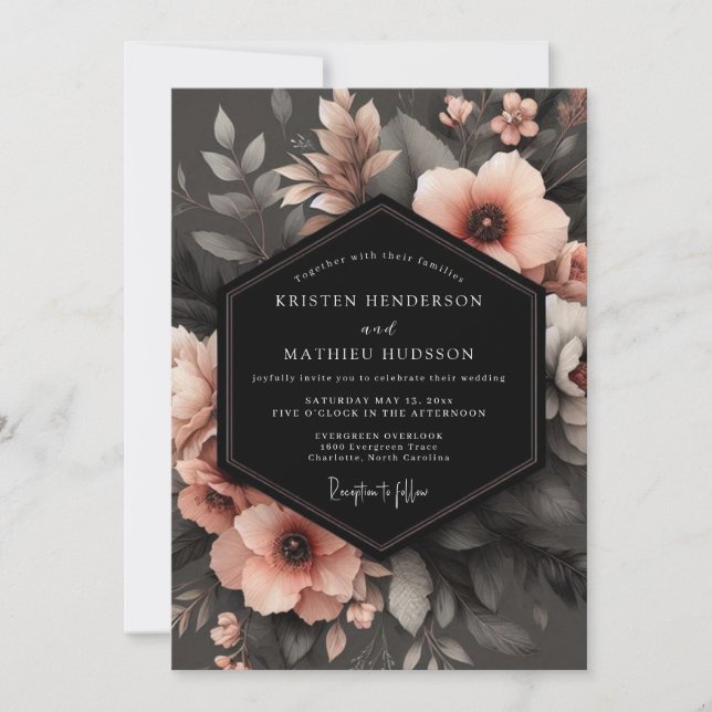 Invitación Charcoal Peach Shadowy Flora Wedding (Anverso)