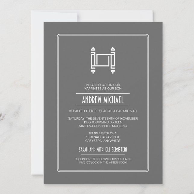 Invitación Charcoal Simple Torah Bar Mitzvah (Anverso)