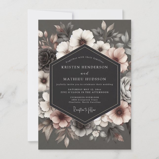 Invitación Charcoal Umbral Bloom Wedding (Anverso)